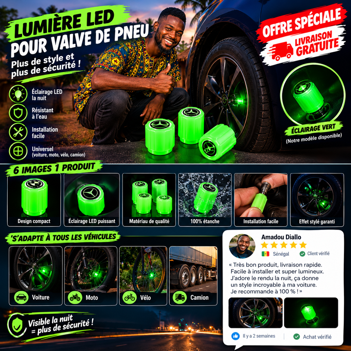 Lumière LED pour valve de pneu