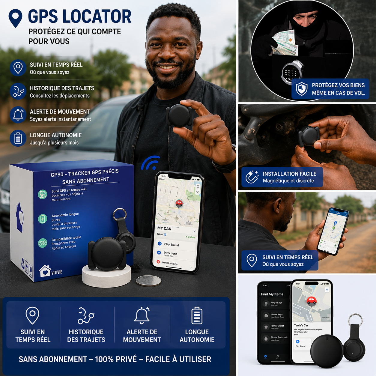 GP90 - Tracker GPS précis sans abonnement (android/apple)